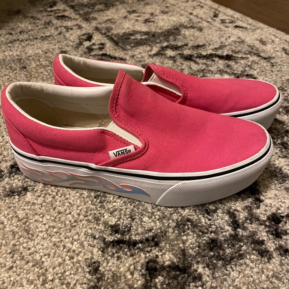 Pink platform slip on vans with flames